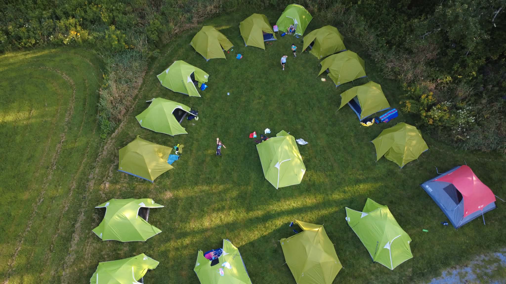 Aerial view of tents set up at an Amherstview Bath Scouts camp